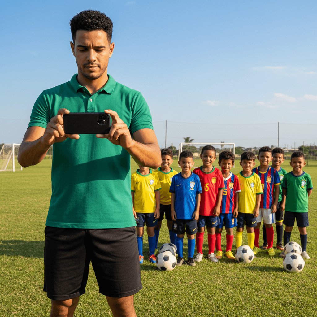 Instrutor fazendo chamada pelo celular no campo de futebol